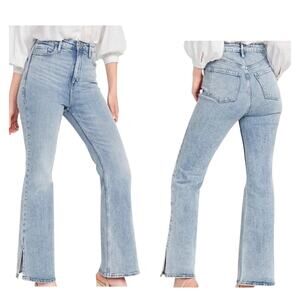 Old Navy High Rise Flare Jeans Sz 4P Petite Light Wash Slit Hems Stretch Denim